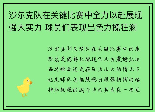 沙尔克队在关键比赛中全力以赴展现强大实力 球员们表现出色力挽狂澜 沙尔克队在关键比赛中全力以赴展现强大实力 球员们表现出色力挽狂澜